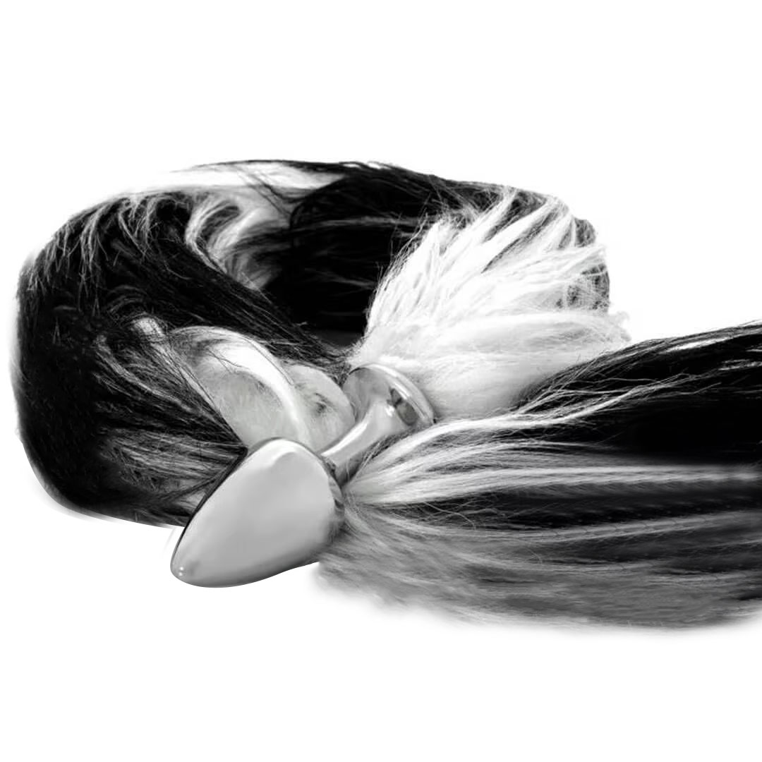 Plug Anal com Rabo Degrade Preto e Branco - Feito em Metal