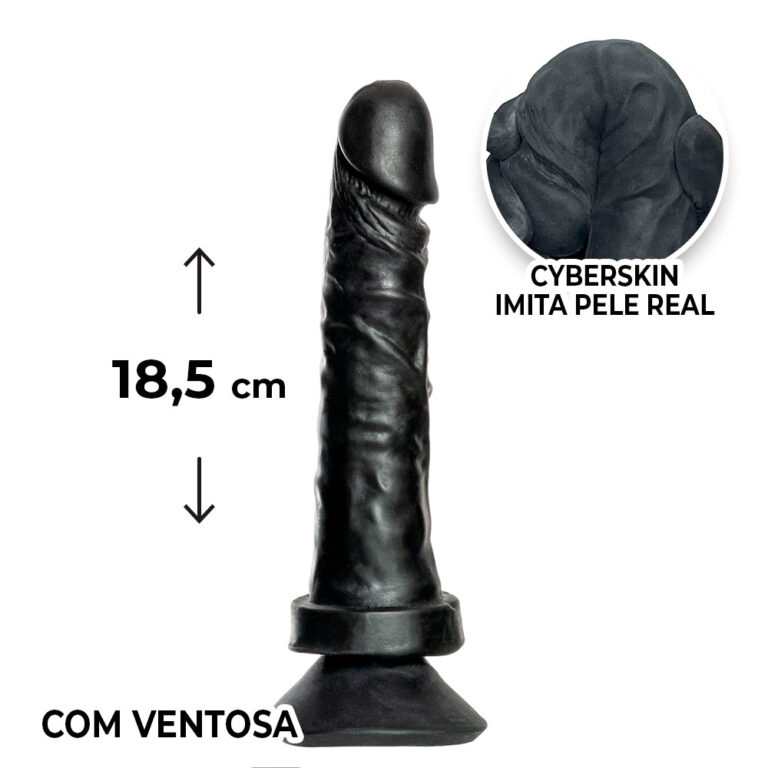Pênis Médio 18,5cm x 3,5cm Realista Cyberskin Preto com Ventosa