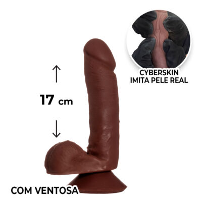 Pênis Médio 17cm x 3,5cm Realista Cyberskin Marrom com Ventosa e Escroto