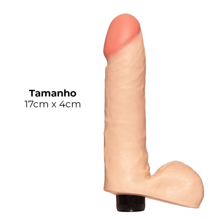 Pênis Médio 17cm x 4cm Realista Cyberskin Bege com Vibro e Escroto - Imagem 3