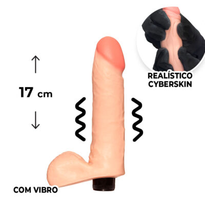 Pênis Médio 17cm x 4cm Realista Cyberskin Bege com Vibro e Escroto