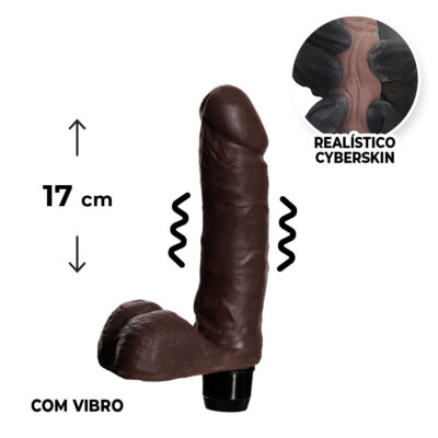 Pênis Médio 17cm x 4cm Realista Cyberskin Marrom com Vibro e Escroto