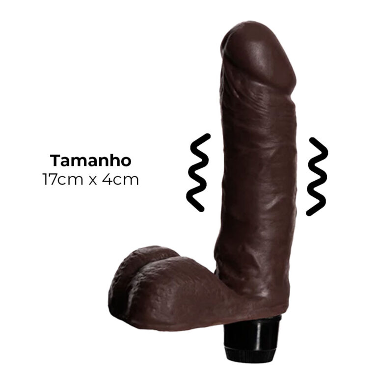 Pênis Médio 17cm x 4cm Realista Cyberskin Marrom com Vibro e Escroto - Imagem 3