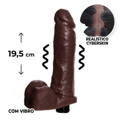 Pênis Grande 19,5cm x 4,5cm Realista Cyberskin Marrom com Vibro e Escroto