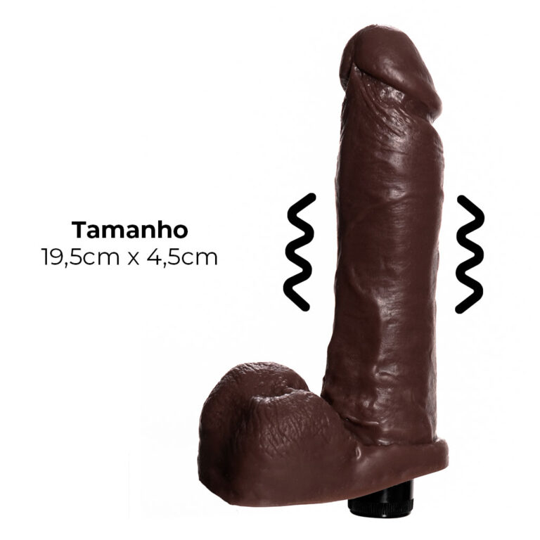 Pênis Grande 19,5cm x 4,5cm Realista Cyberskin Marrom com Vibro e Escroto - Imagem 3
