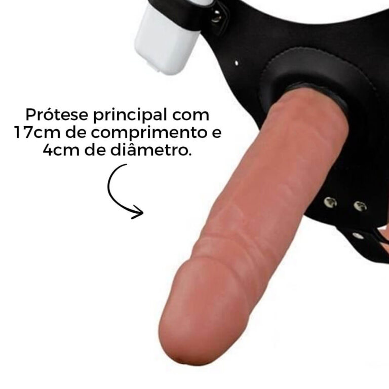 Cinta Peniana Dupla 2 Pênis 17cm x 4cm e 14cm x 3,5cm Bege com Vibro Duplo - Imagem 9
