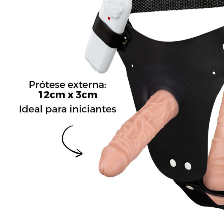 Cinta Peniana Dupla 2 Pênis 12cm x 3cm e 16cm x 3,5cm Bege com Vibro Interno - Imagem 8