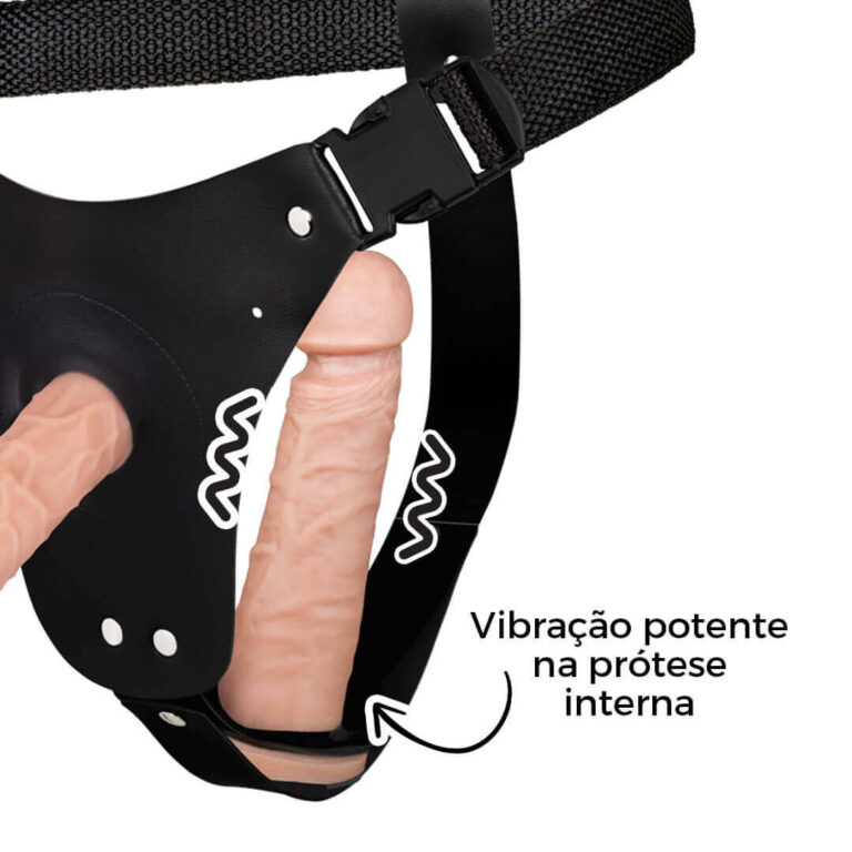 Cinta Peniana Dupla 2 Pênis 12cm x 3cm e 16cm x 3,5cm Bege com Vibro Interno - Imagem 7
