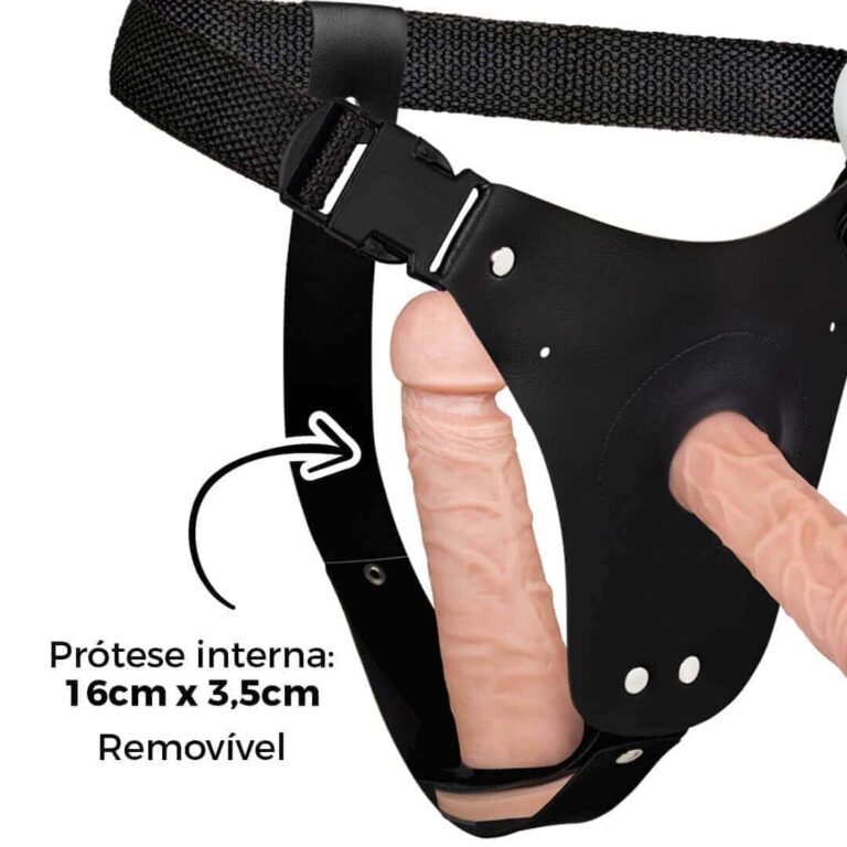 Cinta Peniana Dupla 2 Pênis 12cm x 3cm e 16cm x 3,5cm Bege com Vibro Interno - Imagem 9