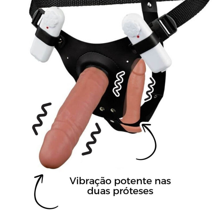 Cinta Peniana Dupla 2 Pênis 17cm x 4cm e 14cm x 3,5cm Bege com Vibro Duplo - Imagem 7