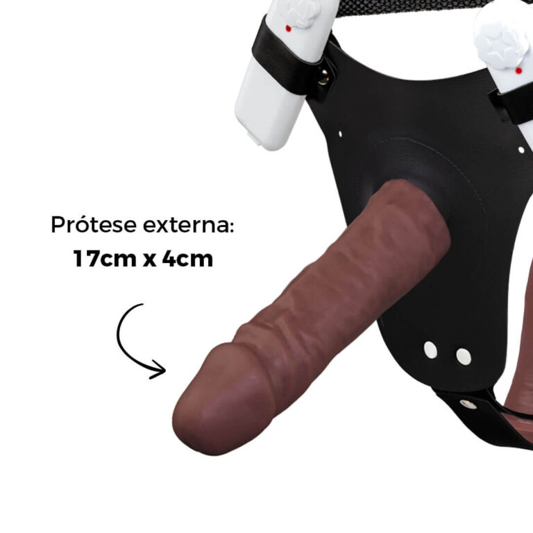 Cinta Peniana Dupla 2 Pênis 17cm x 4cm e 14cm x 3,5cm Marrom com Vibro Duplo - Imagem 3