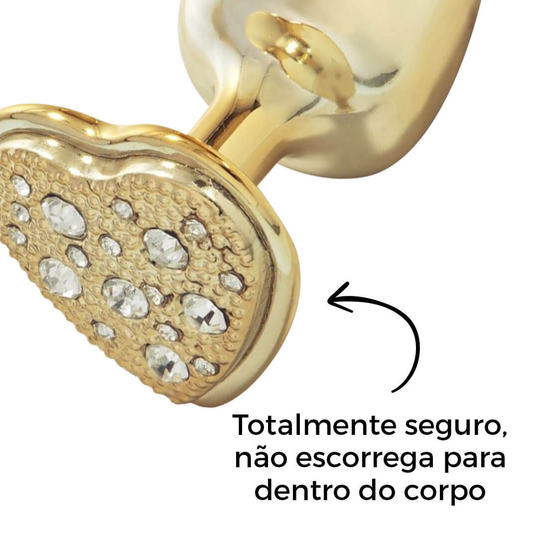 Plug Anal com Pedra de Coração Cravejada em Strass Dourado Feito em Metal - Imagem 11