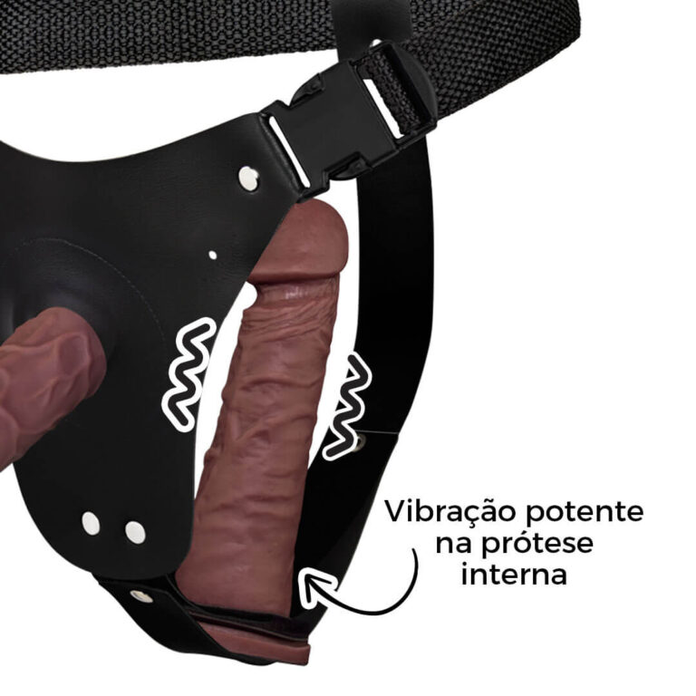 Cinta Peniana Dupla 2 Pênis 12cm x 3cm e 16cm x 3,5cm Marrom com Vibro Interno - Imagem 12