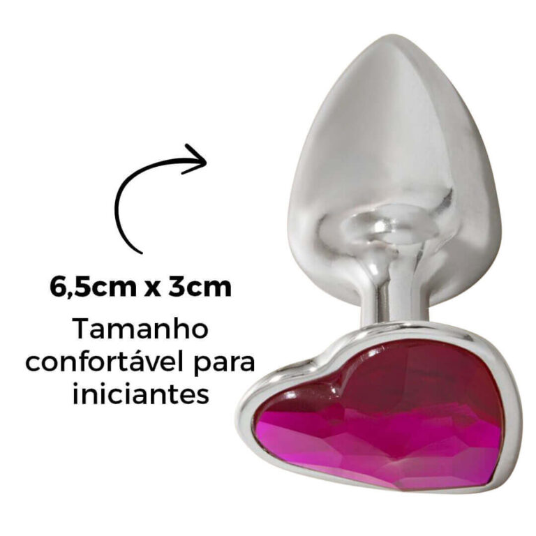 Plug Anal P 6,5cm x 3cm Prata com Pedra de Coração Rosa - Cromado Feito em Metal - Imagem 12
