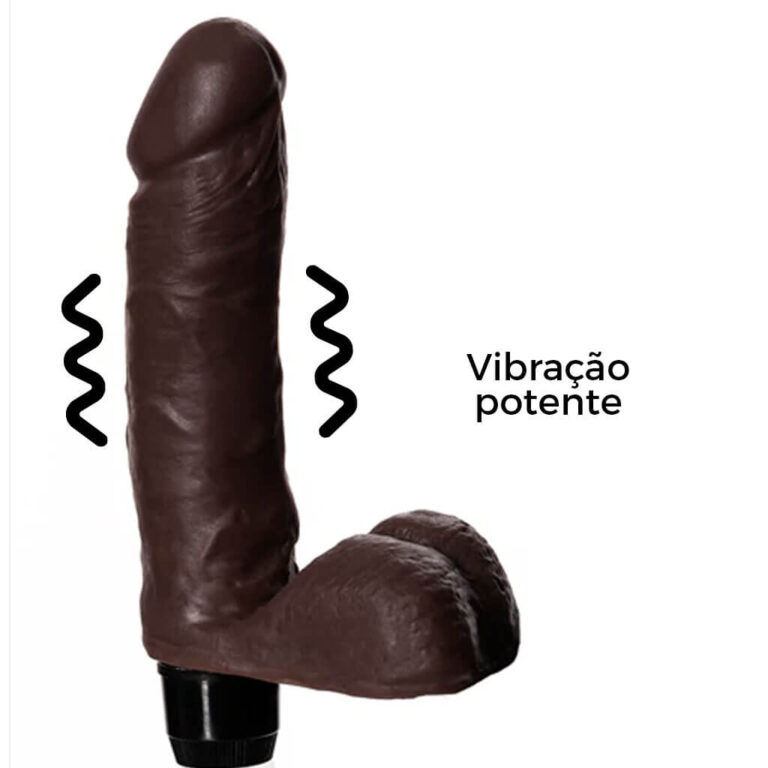 Pênis Médio 17cm x 4cm Realista Cyberskin Marrom com Vibro e Escroto - Imagem 9