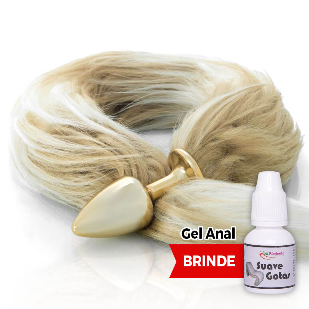 Plug Anal com Rabo Dourado e Bege - Pequeno Feito em Metal