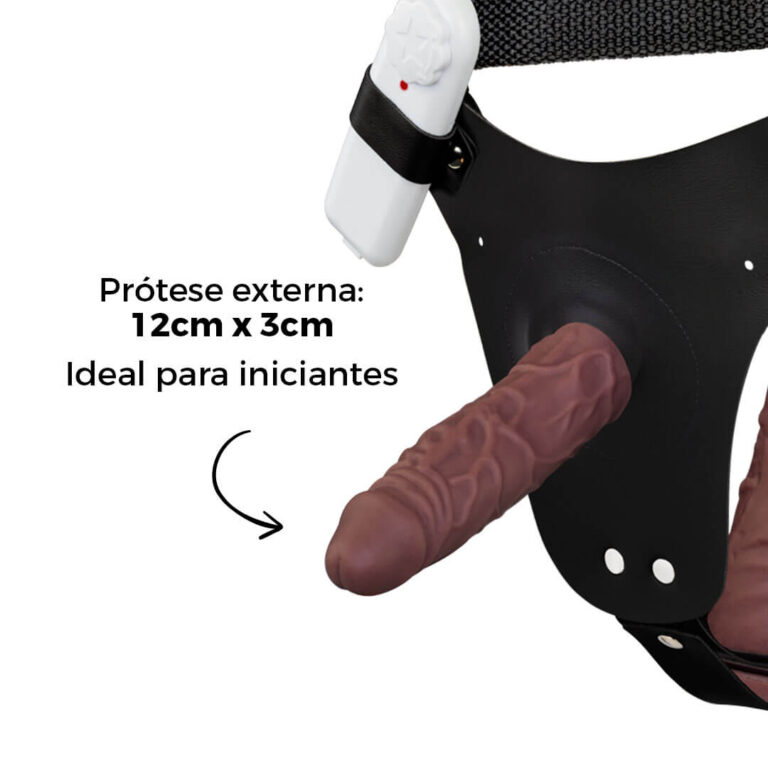 Cinta Peniana Dupla 2 Pênis 12cm x 3cm e 16cm x 3,5cm Marrom com Vibro Interno - Imagem 3