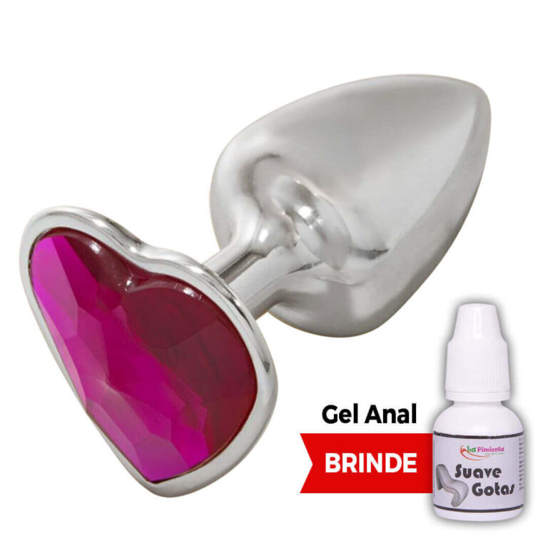 Plug Anal P 6,5cm x 3cm Prata com Pedra de Coração Rosa - Cromado Feito em Metal