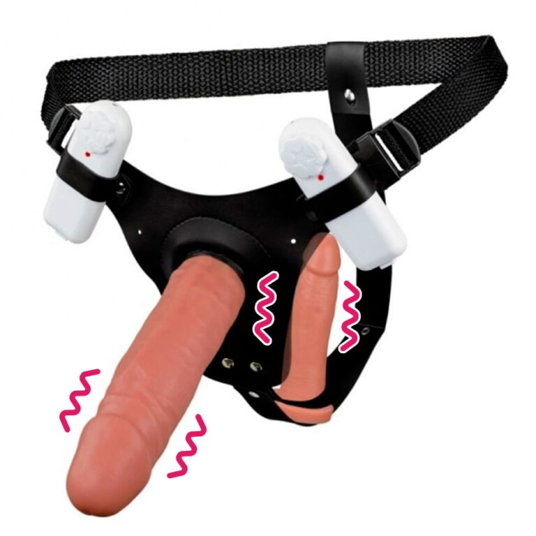 Cinta Peniana Dupla 2 Pênis 17cm x 4cm e 14cm x 3,5cm Bege com Vibro Duplo