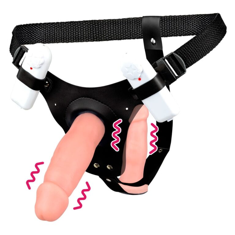 Cinta Peniana Dupla 2 Pênis de 14cm x 3,5cm com Vibro Duplo Bege