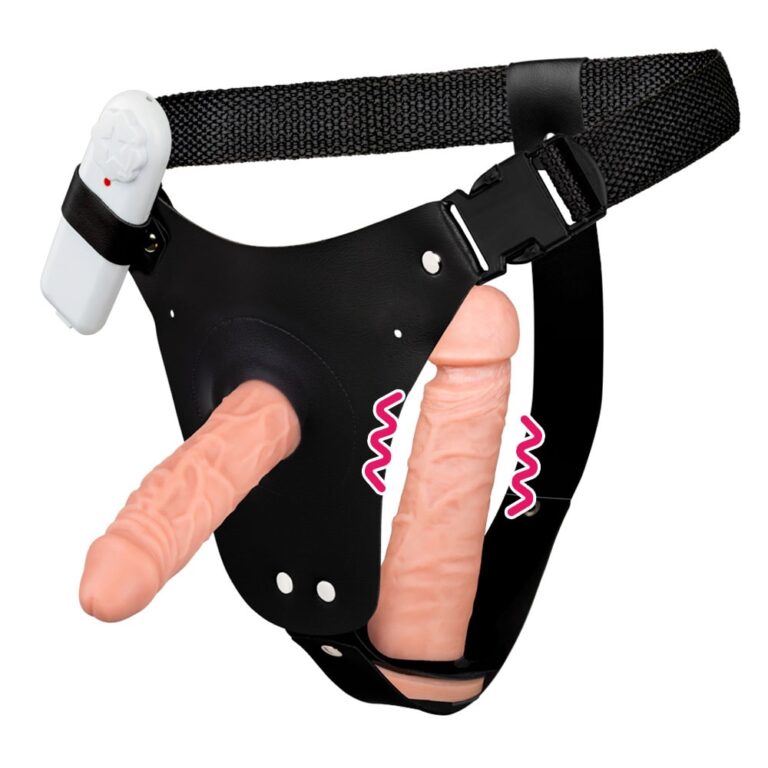 Cinta Peniana Dupla 2 Pênis 12cm x 3cm e 16cm x 3,5cm Bege com Vibro Interno