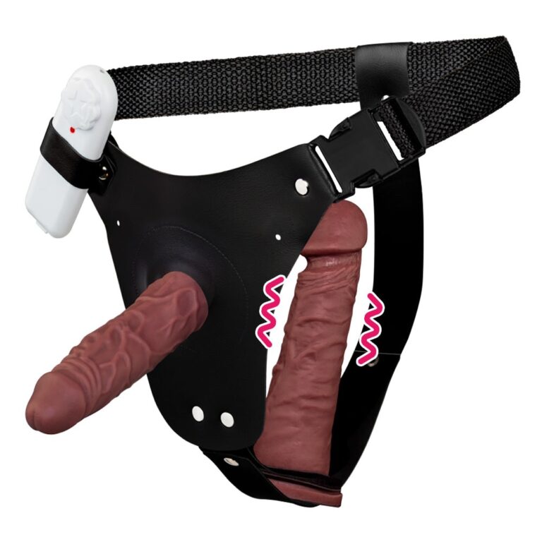 Cinta Peniana Dupla 2 Pênis 12cm x 3cm e 16cm x 3,5cm Marrom com Vibro Interno