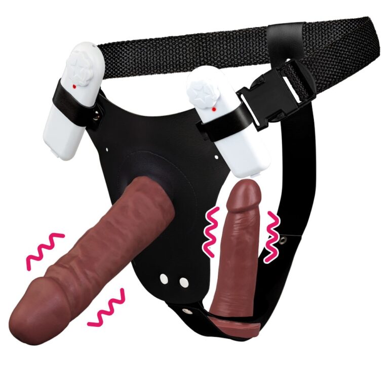 Cinta Peniana Dupla 2 Pênis 17cm x 4cm e 14cm x 3,5cm Marrom com Vibro Duplo