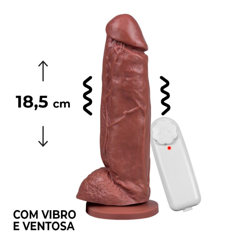 Pênis Grande 18,5cm x 4,5cm Marrom com Escroto, Ventosa e Vibro