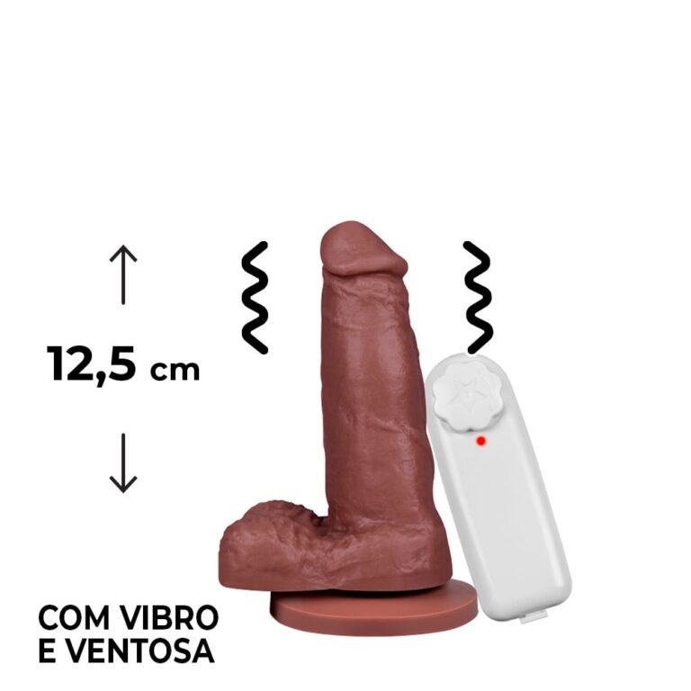 Pênis Pequeno 12,5cm x 3,2cm Marrom com Escroto, Ventosa e Vibro