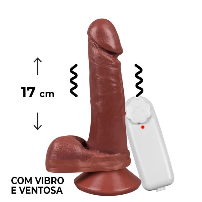 Pênis Médio 17cm x 3,5cm Marrom com Escroto, Ventosa e Vibro