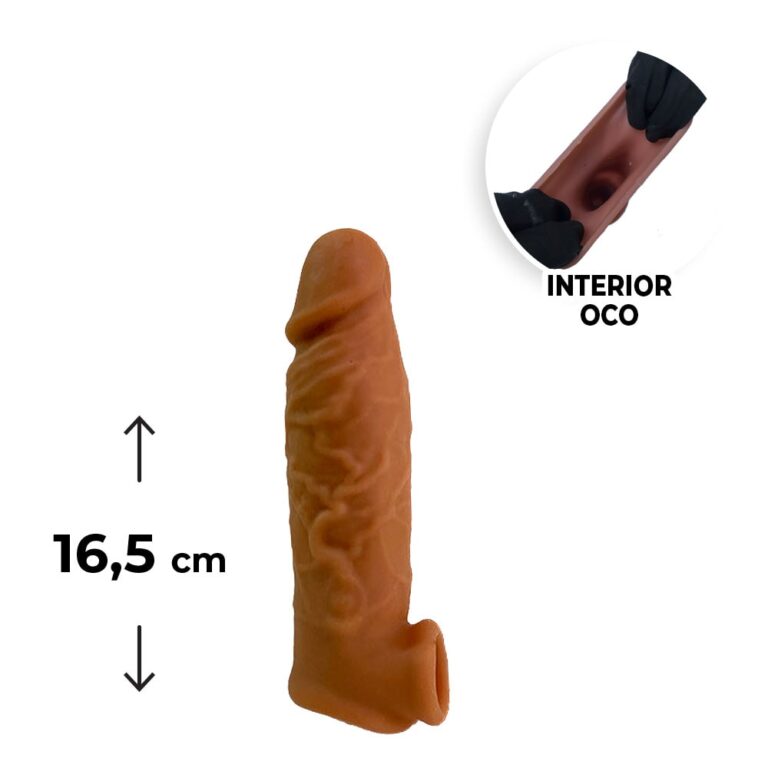 Capa Peniana 16,5cm x 3,6cm para Aumentar ou Engrossar o Pênis Marrom com Anel para Escroto