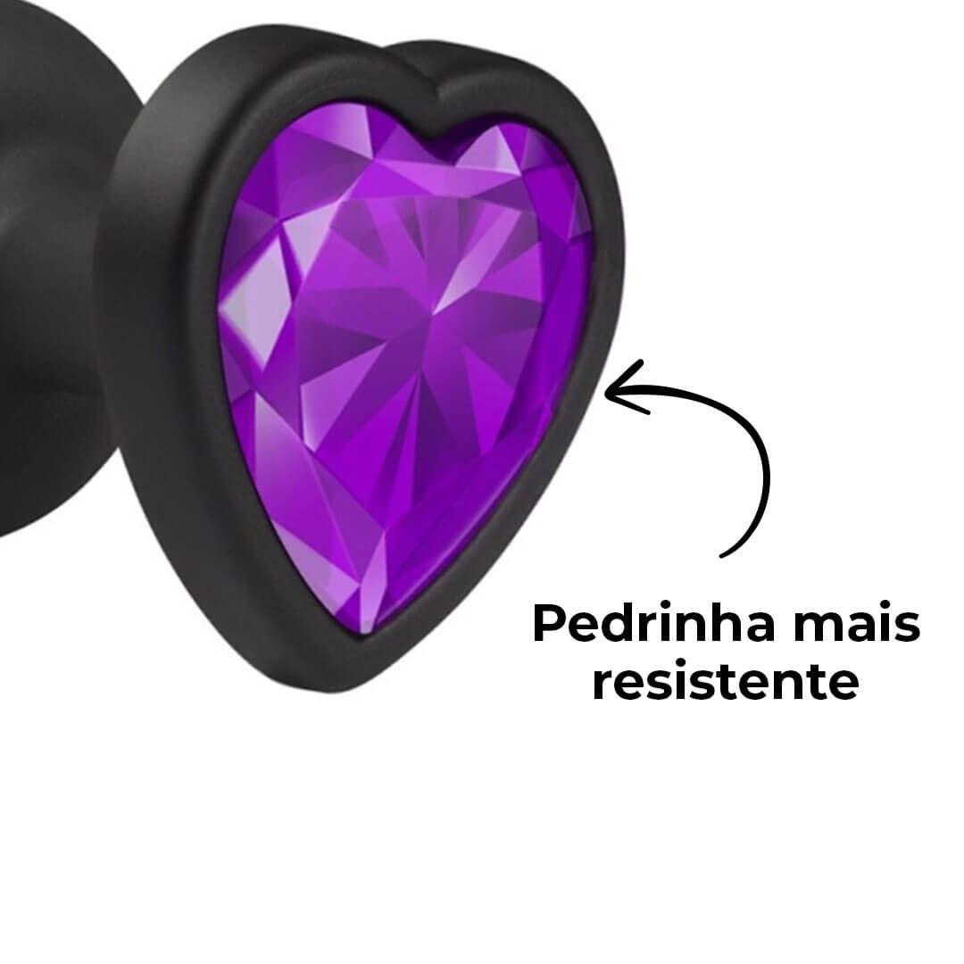 Plug Anal P 6,5cm x 2,5cm Leve sem Metal Preto com Pedra de Coração Lilás Toque Aveludado - Feito em ABS L604 - Imagem 9