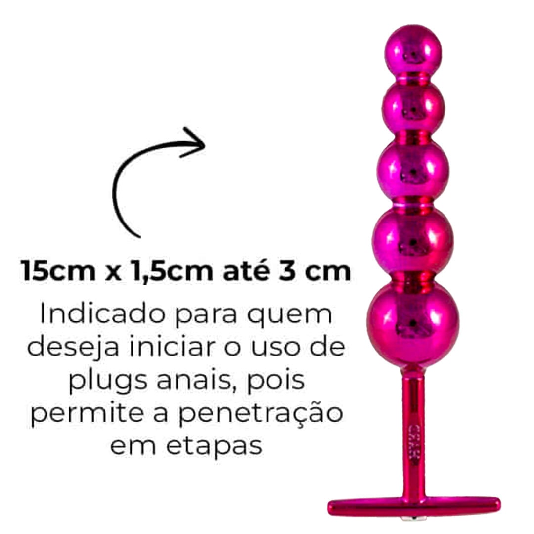 Plug Anal Escalonado 5 Esferas de 1,5cm a 3cm, 15cm de comprimento Rosa - Feito em Metal - Imagem 12