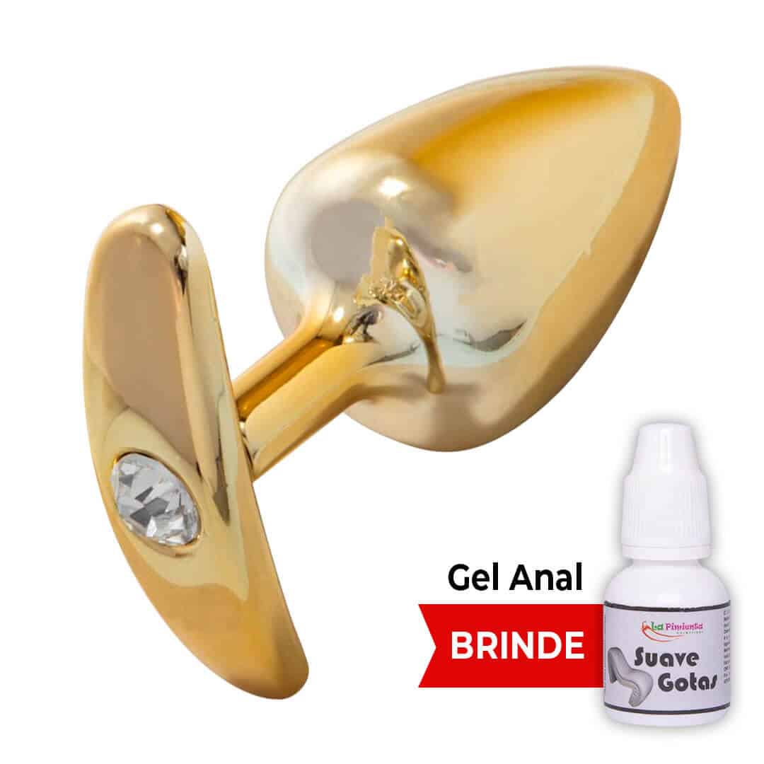 Plug Anal M 7,5cm x 3,5cm Anatômico Dourado com Pedra - Feito em Metal HA140D