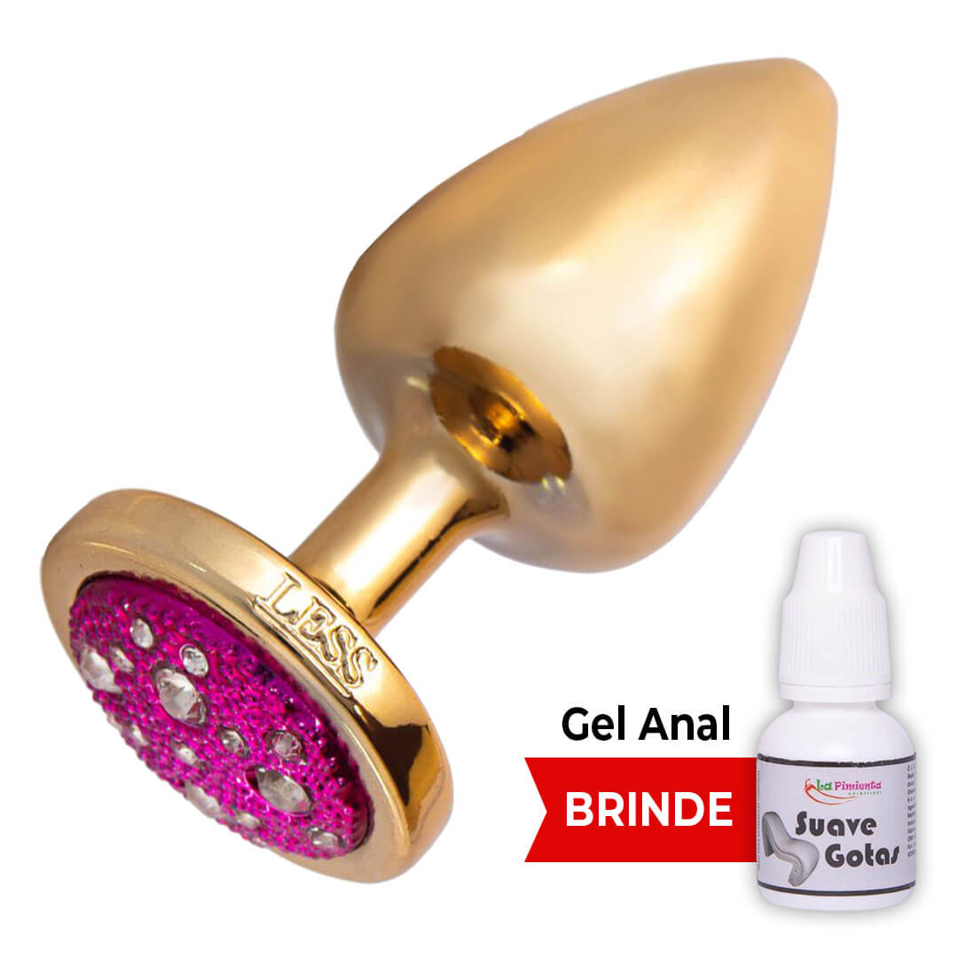 Plug Anal M 7,5cm x 3,5cm Leve sem Metal Dourado com Pedra Cravejada Rosa - Feito em ABS HA144DR