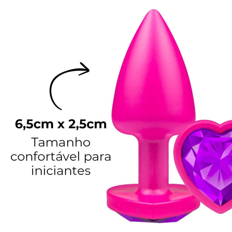 Plug Anal P 6,5cm x 2,5cm Leve sem Metal Rosa com Pedra de Coração Lilás Toque Aveludado - Feito em ABS L600 - Imagem 12
