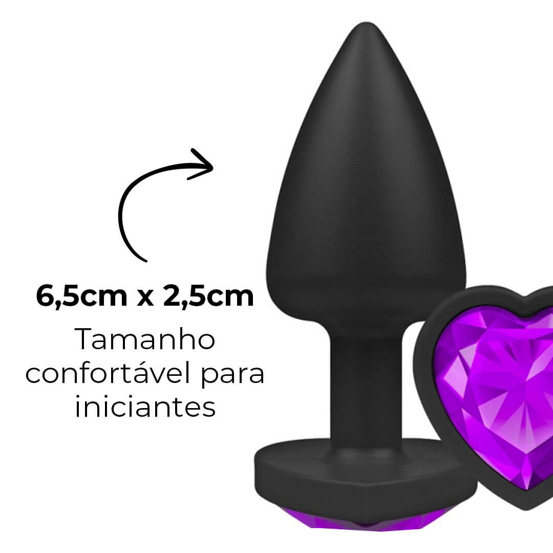 Plug Anal P 6,5cm x 2,5cm Leve sem Metal Preto com Pedra de Coração Lilás Toque Aveludado - Feito em ABS L604 - Imagem 11