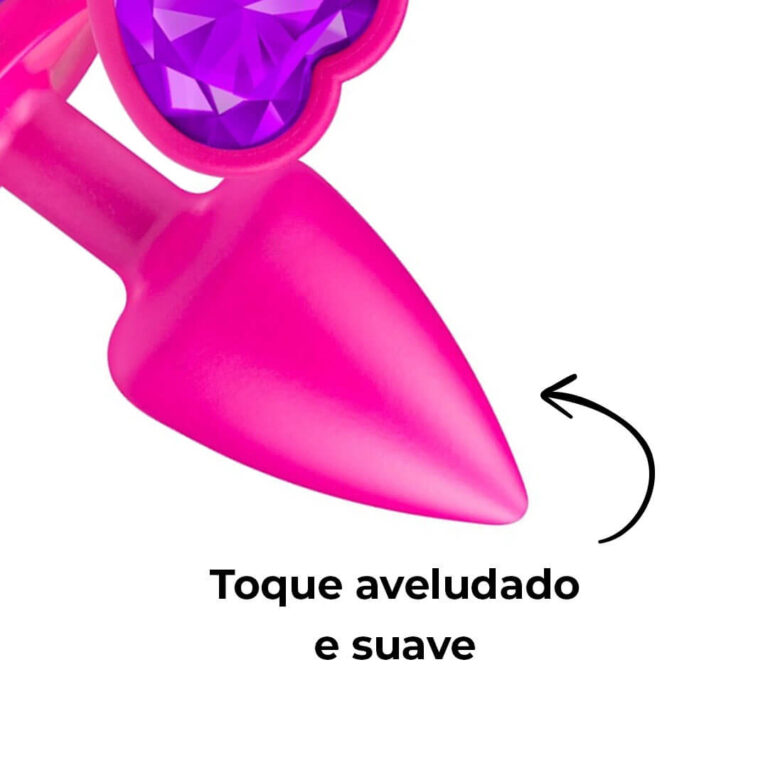 Plug Anal P 6,5cm x 2,5cm Leve sem Metal Rosa com Pedra de Coração Lilás Toque Aveludado - Feito em ABS L600 - Imagem 11