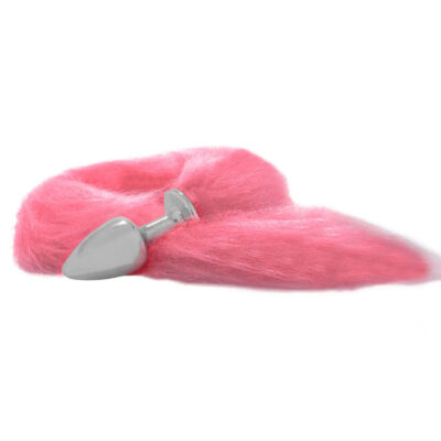 Plug Anal P 6,5cm x 2,5cm Prata com Rabo Rosa - Feito em Metal HA116CR