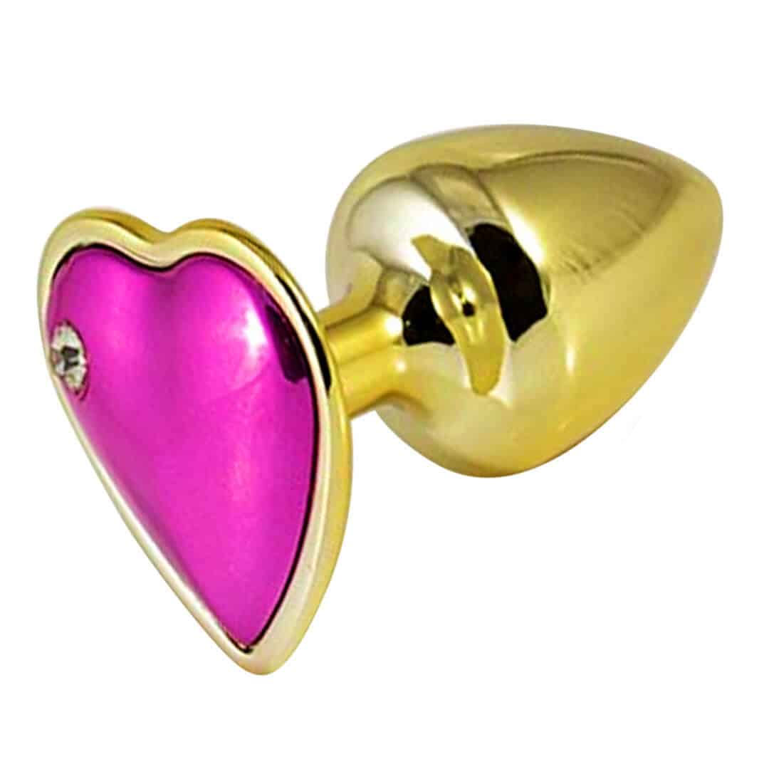 Plug Anal P 6,5cm x 3cm Dourado com Pedra de Coração Rosa - Feito em Metal HA161DR