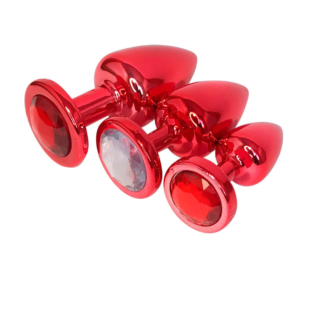 Kit Plug Anal 3 Tamanhos P, M e G Vermelho e Pedra com Cor Surpresa - Feito em ABS