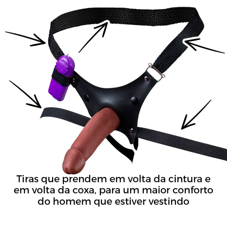 Cinta Peniana Para Dupla Penetração Na Mulher 13,5cm x 3,5cm com VIBRO Pênis Marrom - Imagem 7