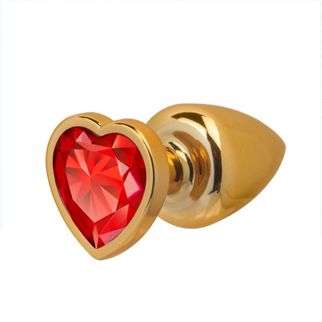 Plug Anal P 6,5cm x 2,5cm Leve sem Metal Dourado com Pedra de Coração Vermelho – Feito em ABS L542