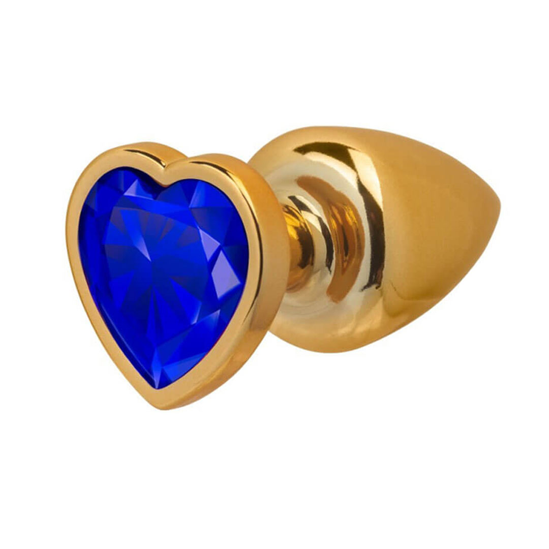 Plug Anal P 6,5cm x 2,5cm Leve sem Metal Dourado com Pedra de Coração Azul – Feito em ABS L545