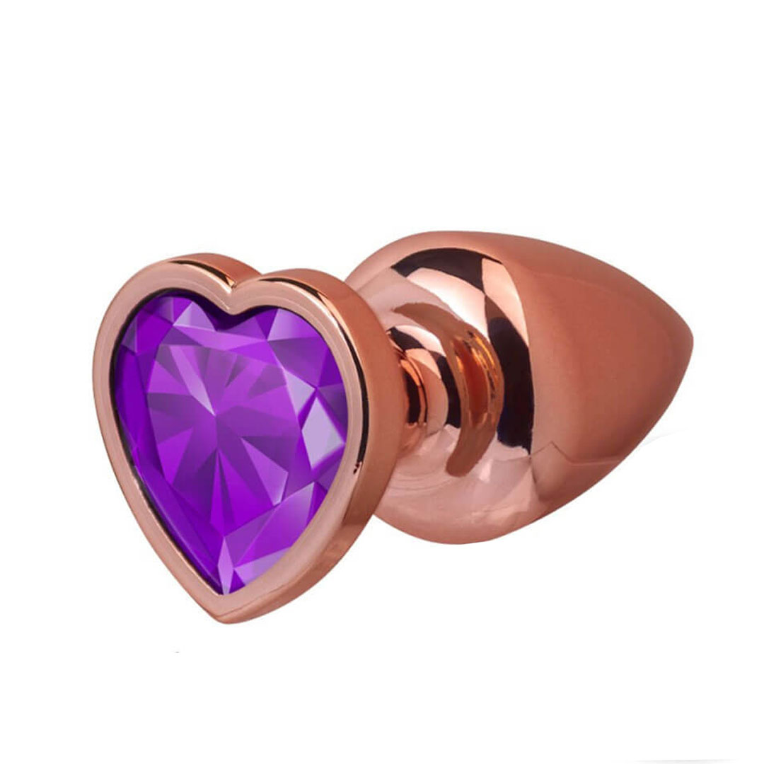 Plug Anal P 6,5cm x 2,5cm Leve sem Metal Rosé com Pedra de Coração Roxa – Feito em ABS L547