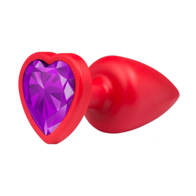 Plug Anal P 6,5cm x 2,5cm Leve sem Metal Vermelho com Pedra de Coração Lilás Toque Aveludado - Feito em ABS L592