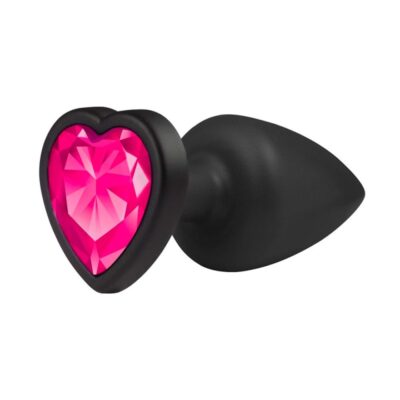 Plug Anal P 6,5cm x 2,5cm Leve sem Metal Preto com Pedra de Coração Rosa Toque Aveludado - Feito em ABS L605