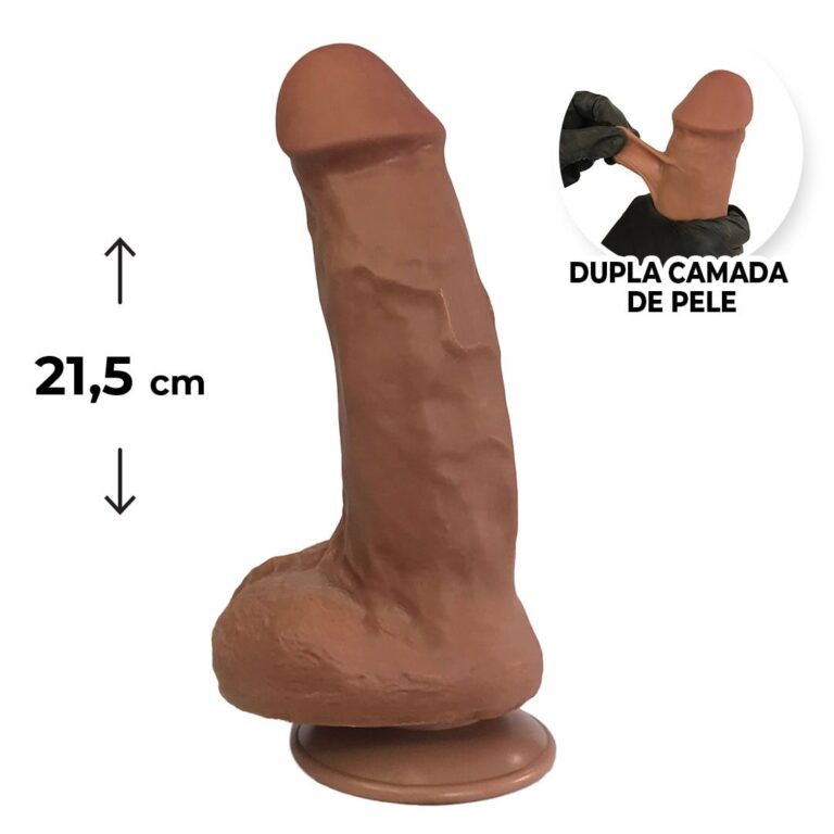 Pênis Realista Grande 21,5cm x 5cm Dupla Camada (Pele que estica) Com vértebra Marrom