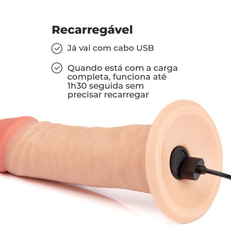 Pênis Grande 17cm x 4,5cm Recarregável com Vibração e Controle Remoto Realista Cyberskin Bege com Ventosa - Imagem 11