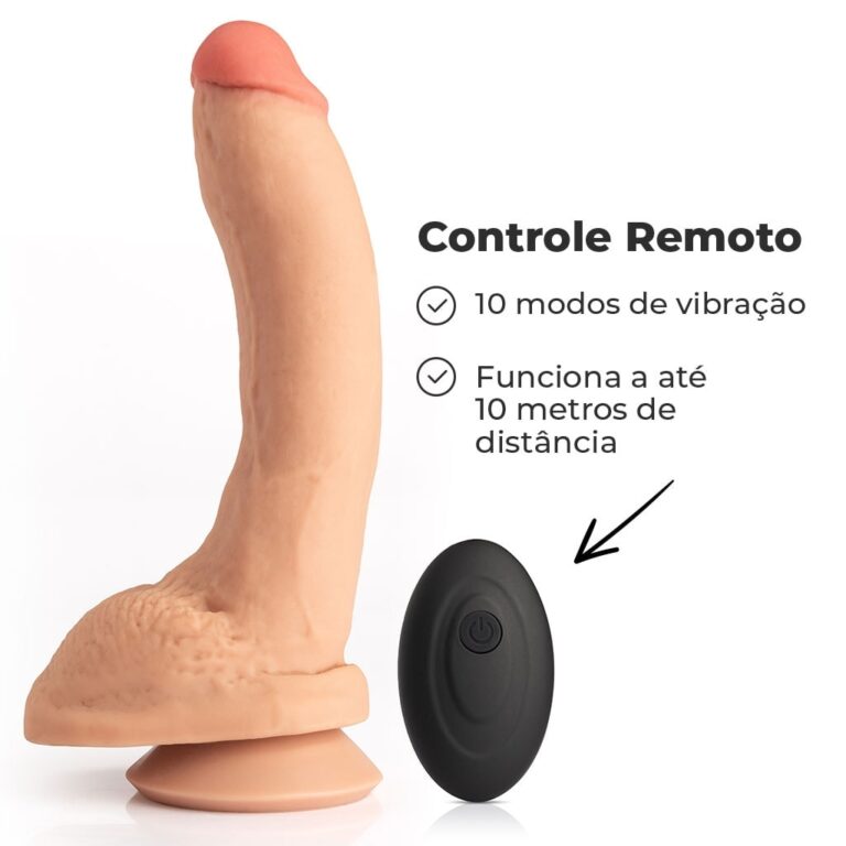 Pênis Grande 22cm x 4,5cm Recarregável com Vibração e Controle Remoto Realista Cyberskin Bege com Ventosa e Escroto - Imagem 10